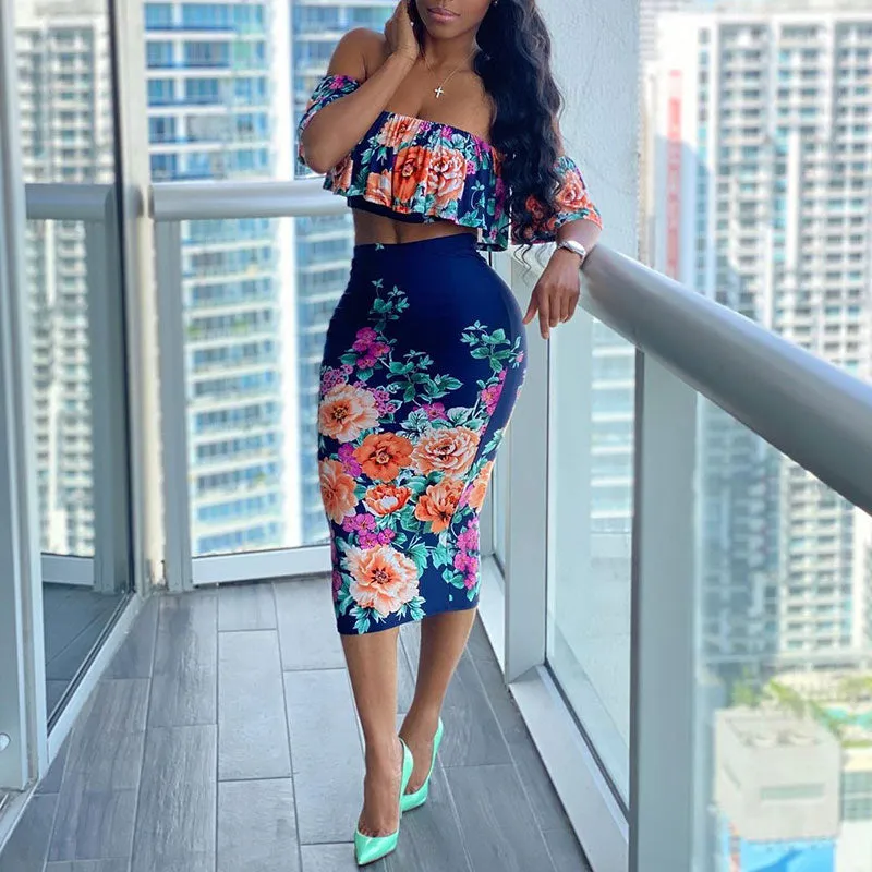Floral Print Ruffled Crop Top & Bodycon Skirt