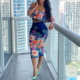 Floral Print Ruffled Crop Top & Bodycon Skirt