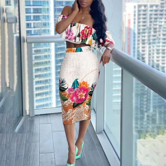 Floral Print Ruffled Crop Top & Bodycon Skirt
