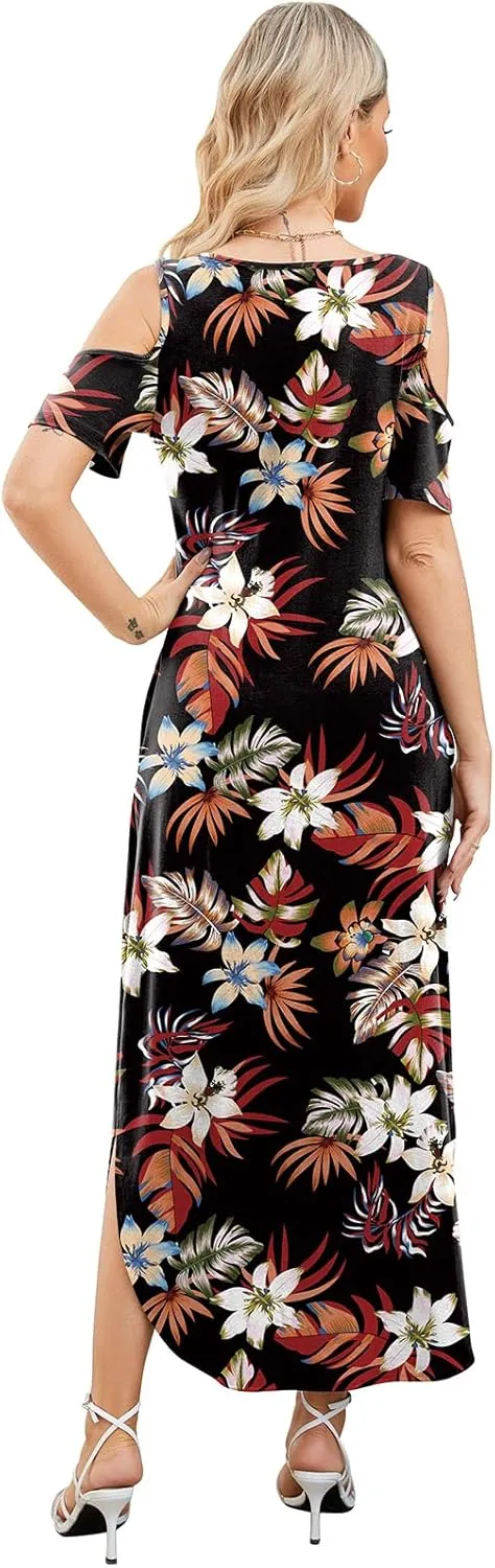 Gracyoga Maxi Dress for Women Casual Summer V Neck Cold Shoulder Short Sleeve Split Long Beach Dresses with Pockets