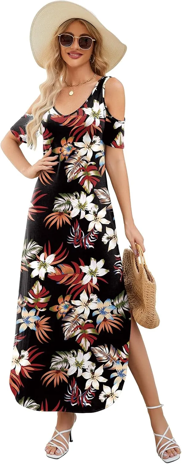 Gracyoga Maxi Dress for Women Casual Summer V Neck Cold Shoulder Short Sleeve Split Long Beach Dresses with Pockets