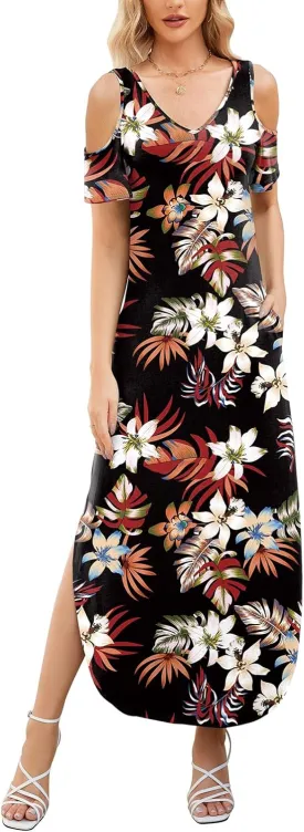Gracyoga Maxi Dress for Women Casual Summer V Neck Cold Shoulder Short Sleeve Split Long Beach Dresses with Pockets