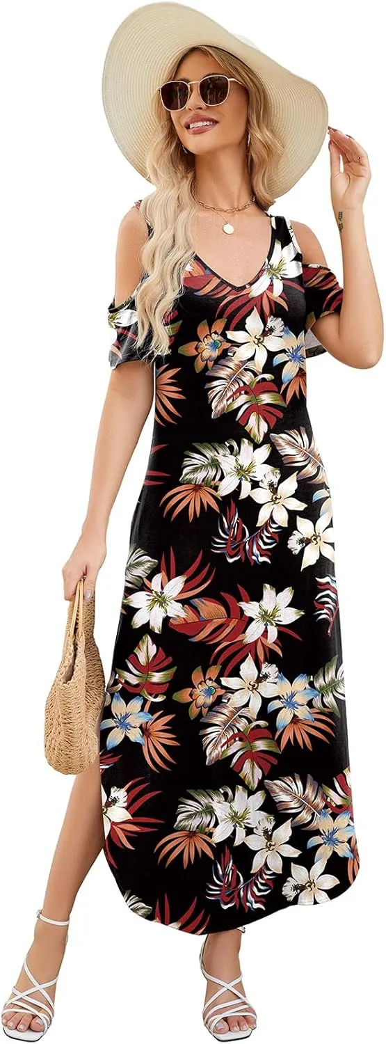 Gracyoga Maxi Dress for Women Casual Summer V Neck Cold Shoulder Short Sleeve Split Long Beach Dresses with Pockets