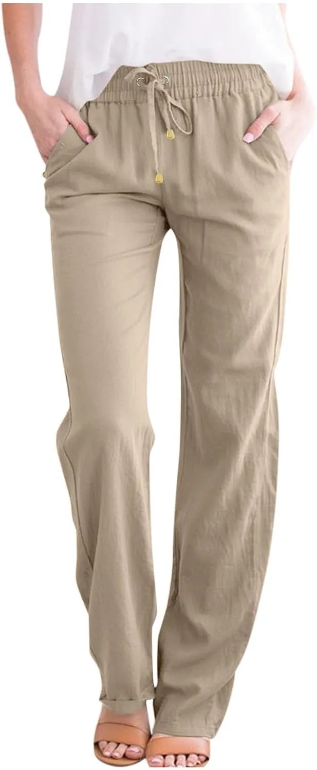 Gumipy Womens Casual Linen Pants Drawstring High Waisted Straight Leg Trousers Pants Trendy Loose Lounge Pants with Pockets
