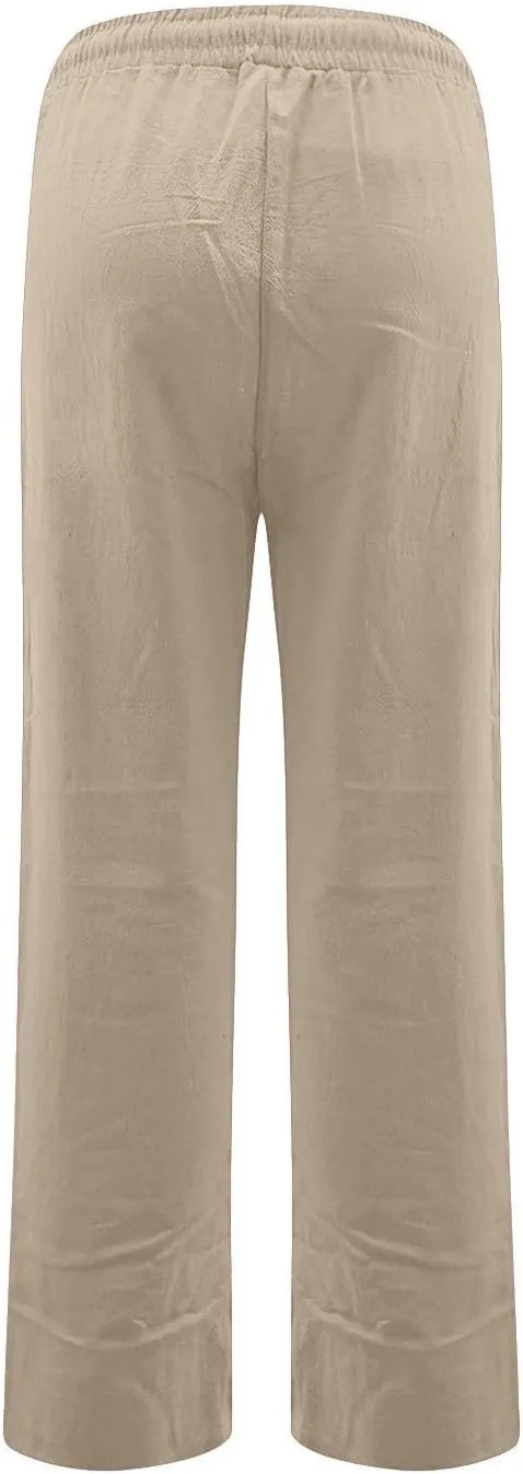 Gumipy Womens Casual Linen Pants Drawstring High Waisted Straight Leg Trousers Pants Trendy Loose Lounge Pants with Pockets