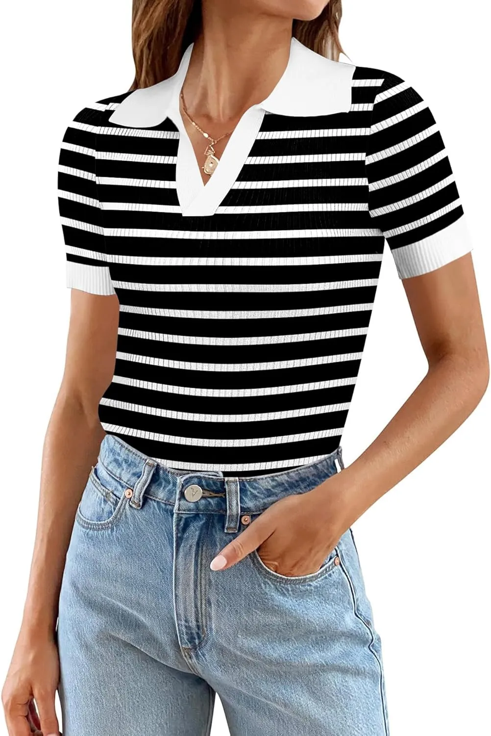 Ivicoer Womens 2025 Summer V Neck Short Sleeve T Shirts Slim Fitted Ribbed Knit Casual Tee Tops