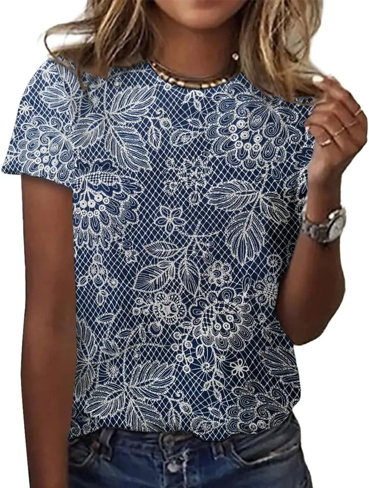IWOLLENCE Women's Vintage Floral Crewneck Short Sleeve Tops Casual Summer Wildflower Plant Tee Shirts