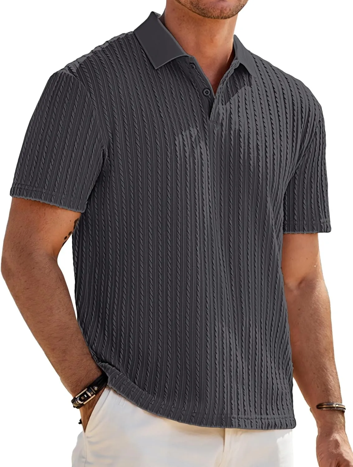 JMIERR Mens Casual Polo Shirt Summer Short Sleeve Vacation Button Beach Knit Stretchy Golf Shirts