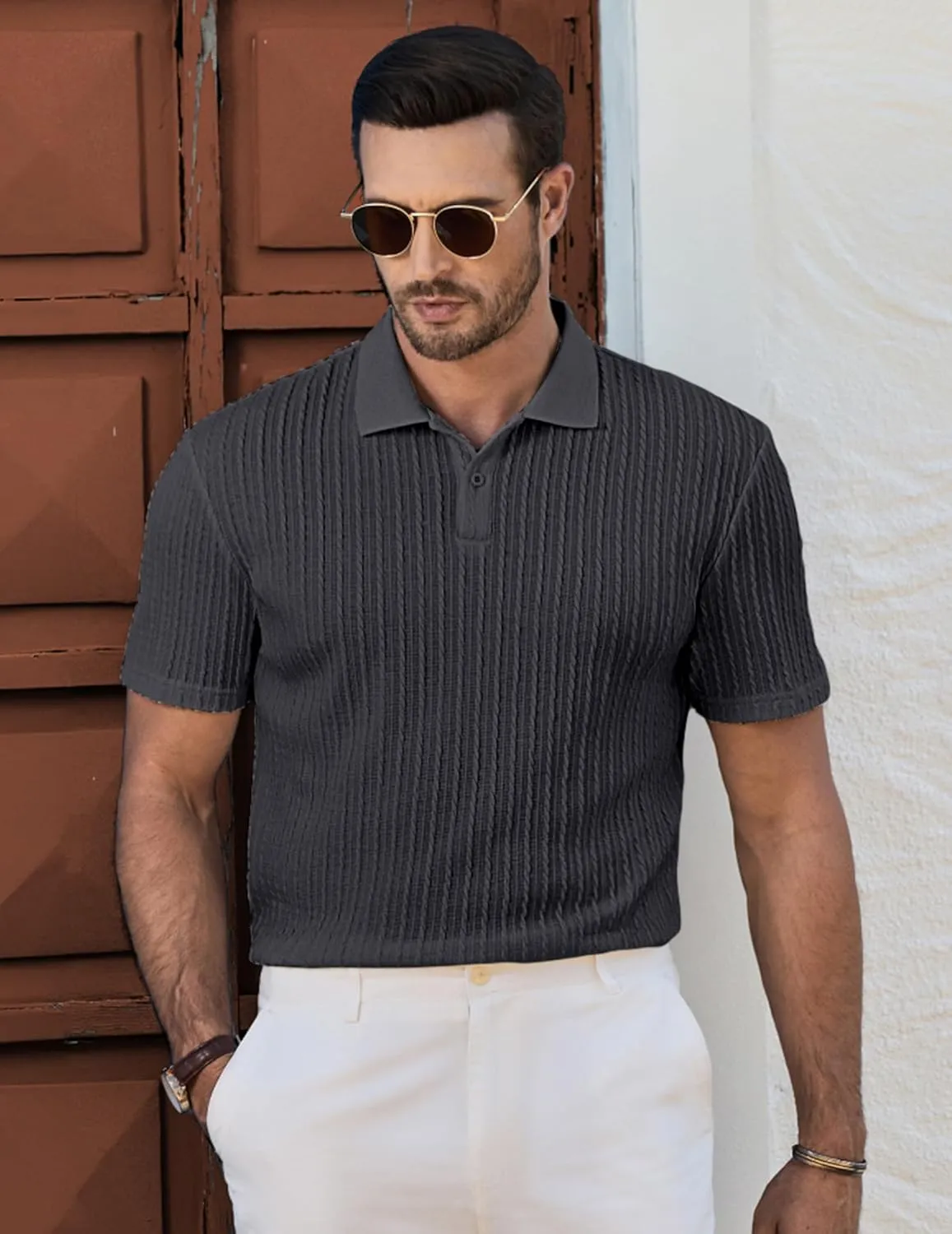 JMIERR Mens Casual Polo Shirt Summer Short Sleeve Vacation Button Beach Knit Stretchy Golf Shirts