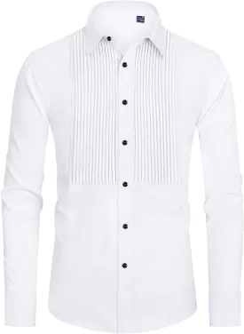 J.VER Men's Tuxedo Shirt Formal Dress Shirt Pleated Long Sleeve Button Down Shirts for Prom Party Wedding