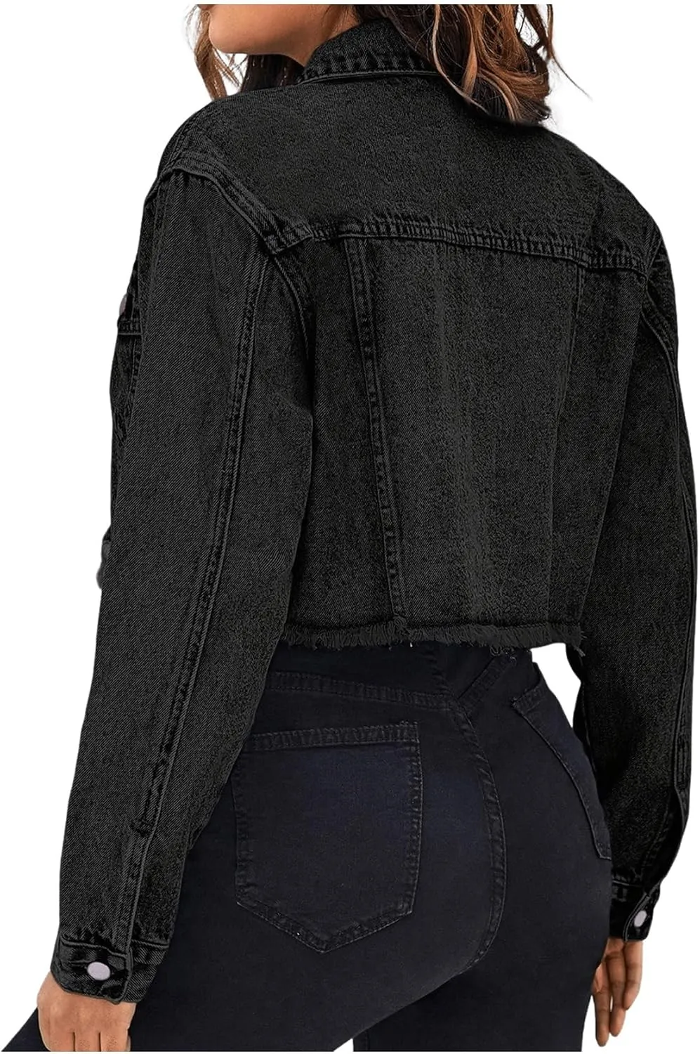 MakeMeChic Women's Cropped Jean Jacket Casual Long Sleeve Ripped Frayed Hem Denim Jacket