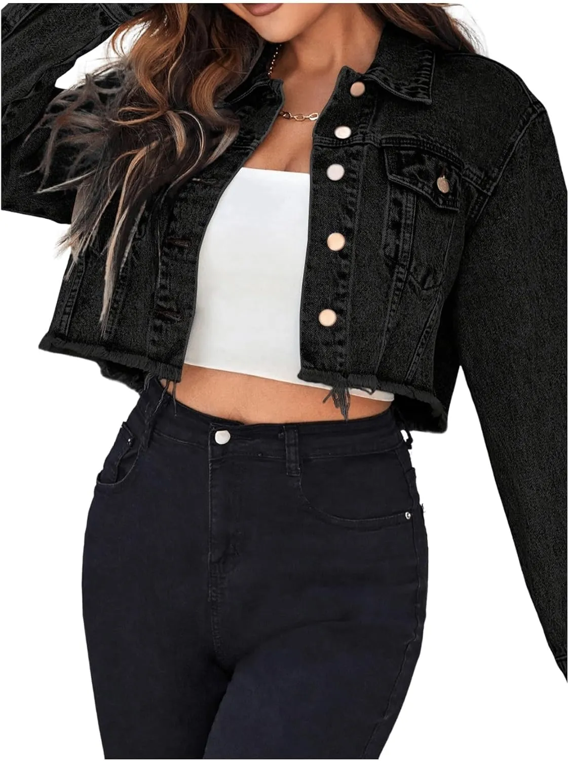 MakeMeChic Women's Cropped Jean Jacket Casual Long Sleeve Ripped Frayed Hem Denim Jacket