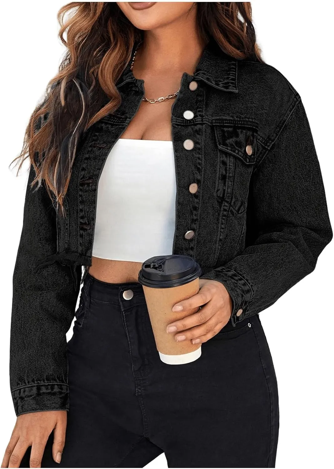 MakeMeChic Women's Cropped Jean Jacket Casual Long Sleeve Ripped Frayed Hem Denim Jacket