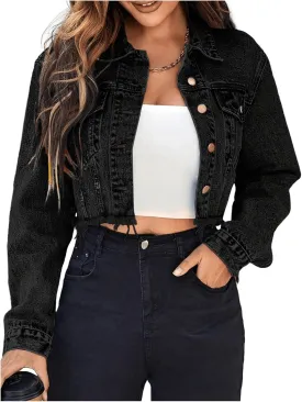 MakeMeChic Women's Cropped Jean Jacket Casual Long Sleeve Ripped Frayed Hem Denim Jacket