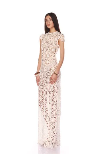 Marley Cap Sleeve White Crochet Maxi Dress - S