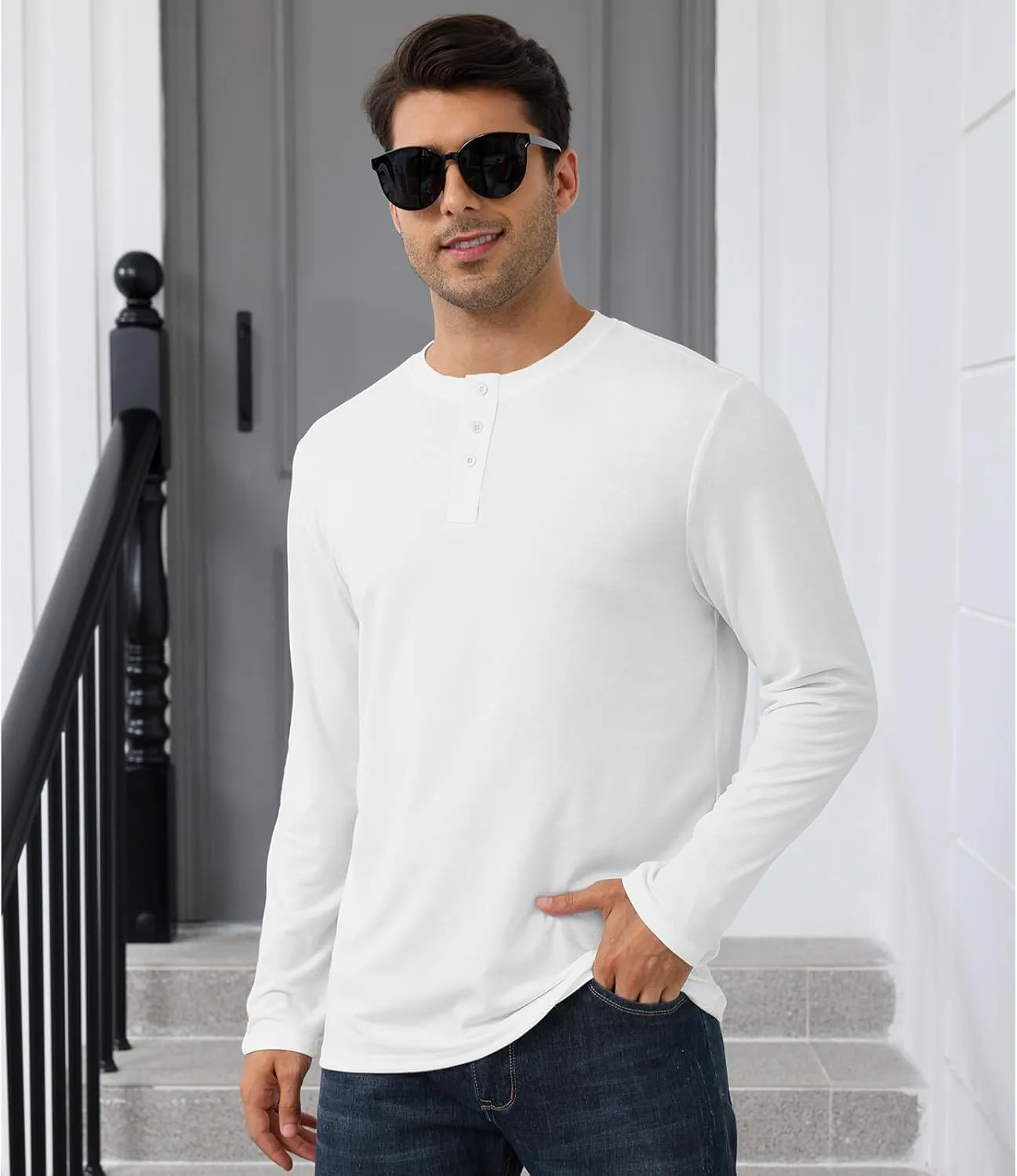 Men's Casual Henley Shirts Long Sleeve Casual Basic T Shirt Soild Button Tee Top