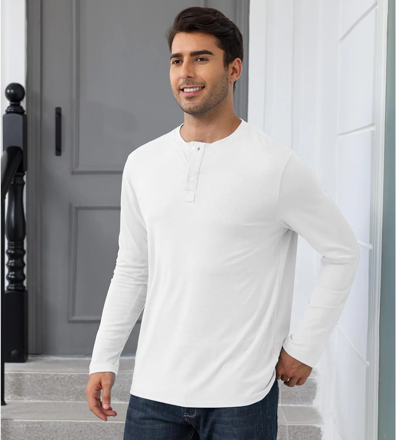 Men's Casual Henley Shirts Long Sleeve Casual Basic T Shirt Soild Button Tee Top