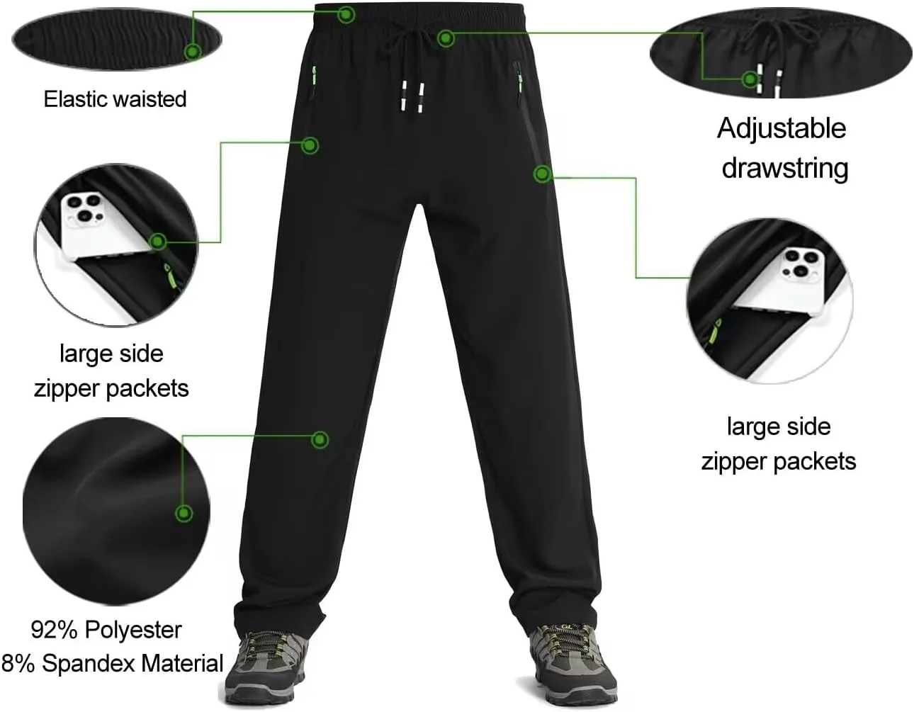 Men's Lightweight Joggers Pants Quick Dry Hiking Pants for Running Sports Gym Zipper Pockets