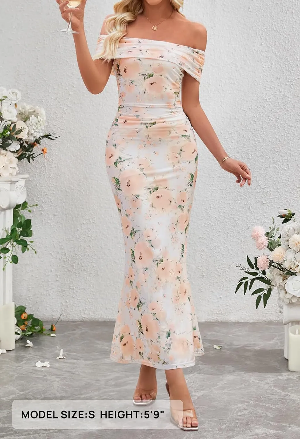 MEROKEETY Women's Summer Off Shoulder Floral Maxi Dress 2025 Formal Wedding Guest Cocktail Bodycon Dresses