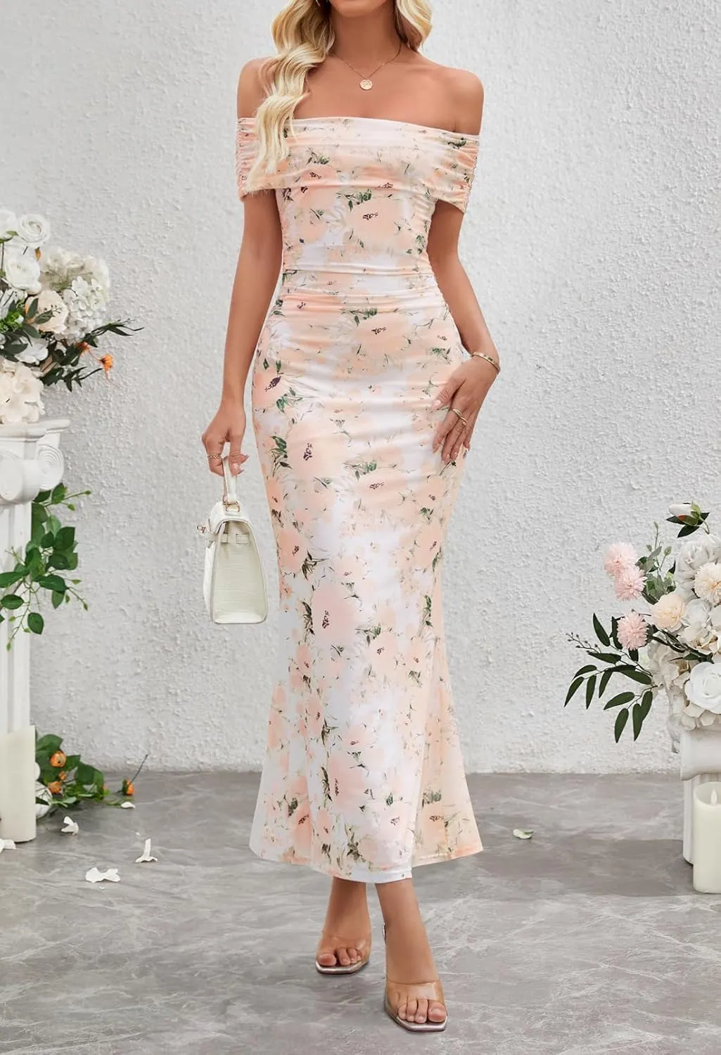 MEROKEETY Women's Summer Off Shoulder Floral Maxi Dress 2025 Formal Wedding Guest Cocktail Bodycon Dresses