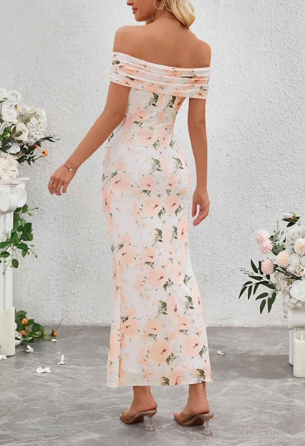 MEROKEETY Women's Summer Off Shoulder Floral Maxi Dress 2025 Formal Wedding Guest Cocktail Bodycon Dresses