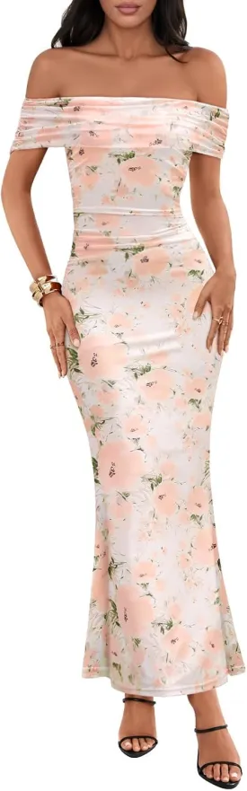 MEROKEETY Women's Summer Off Shoulder Floral Maxi Dress 2025 Formal Wedding Guest Cocktail Bodycon Dresses