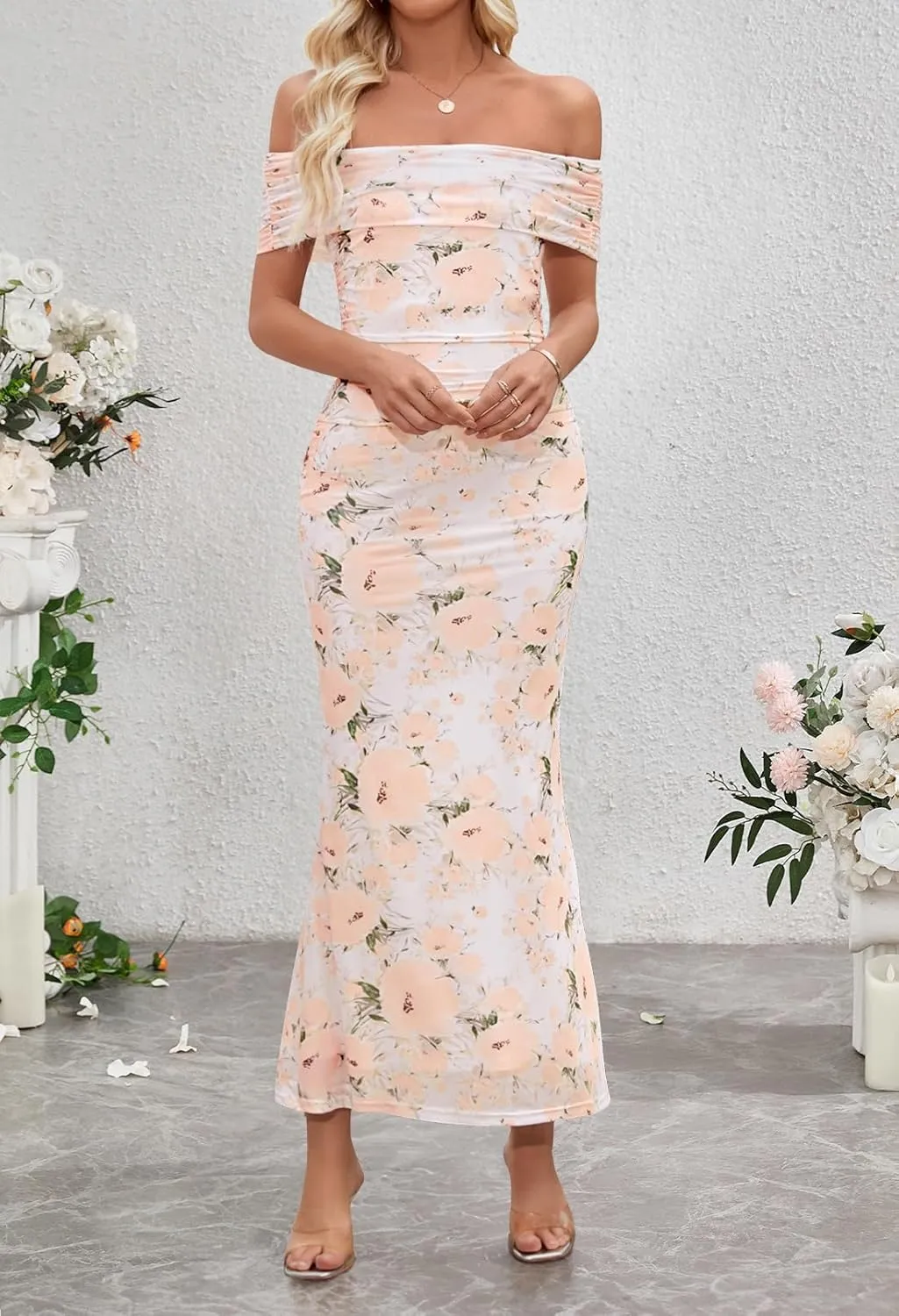 MEROKEETY Women's Summer Off Shoulder Floral Maxi Dress 2025 Formal Wedding Guest Cocktail Bodycon Dresses