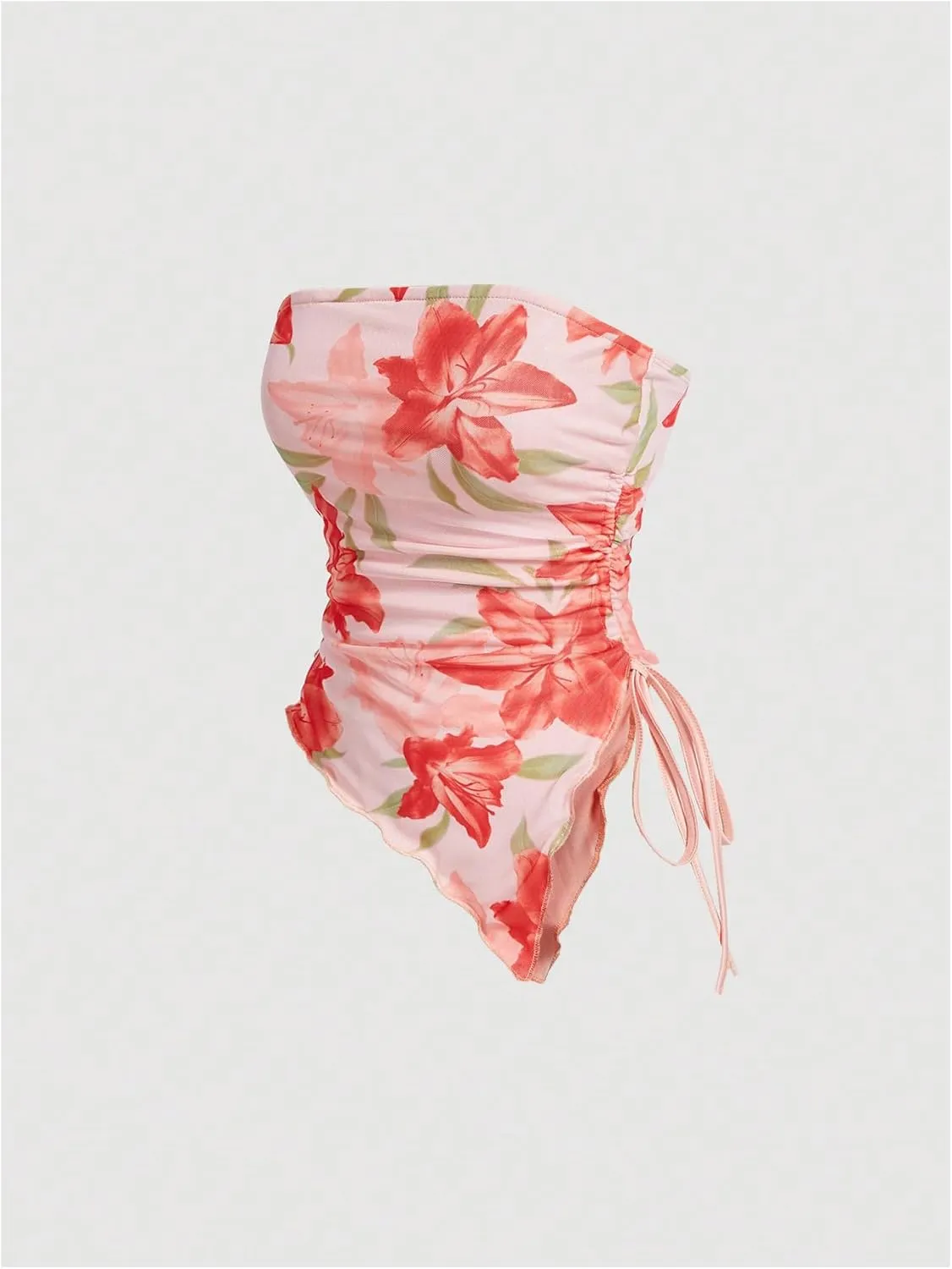 Milumia Women's Floral Print Strapless Tube Top Ruched Drawstring Asymmetrical Tank Tops