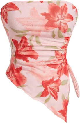 Milumia Women's Floral Print Strapless Tube Top Ruched Drawstring Asymmetrical Tank Tops
