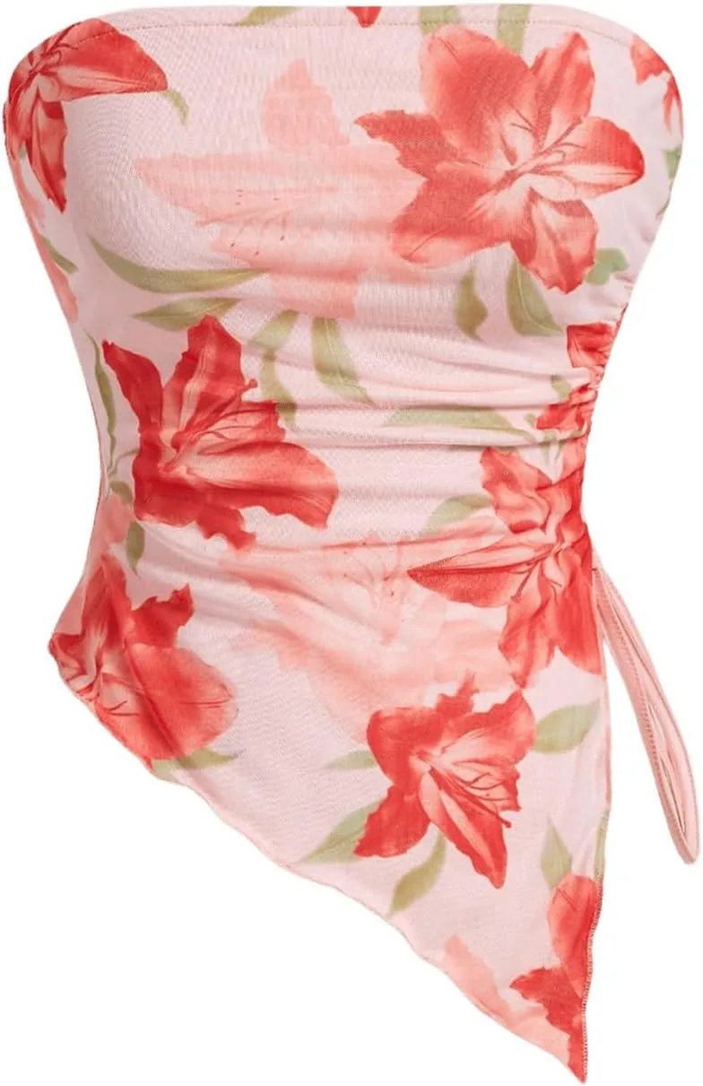 Milumia Women's Floral Print Strapless Tube Top Ruched Drawstring Asymmetrical Tank Tops