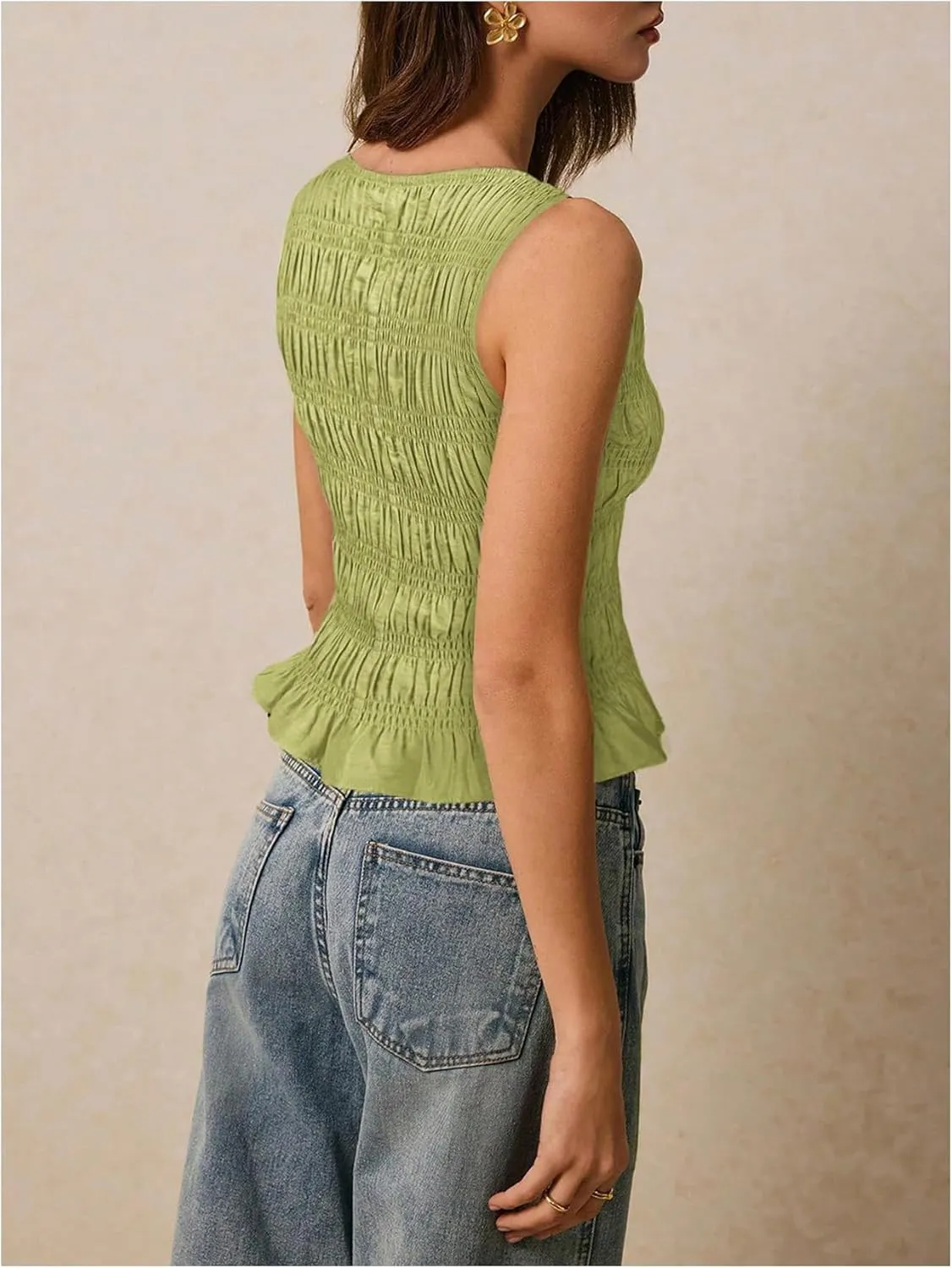 Milumia Women's Sleeveless Crewneck Frill Smocked Ruffle Crop Top Shirred Tank Top Shirt