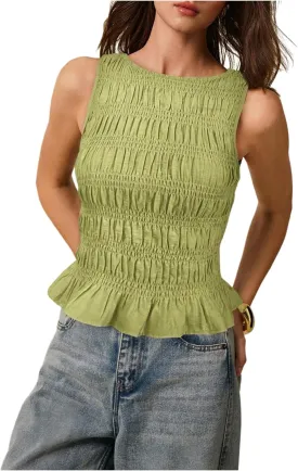 Milumia Women's Sleeveless Crewneck Frill Smocked Ruffle Crop Top Shirred Tank Top Shirt