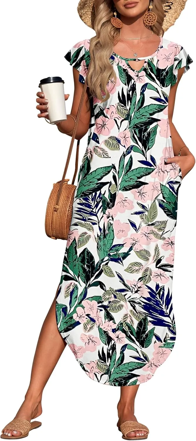 MISFAY Women's Summer Maxi Dress Ruffle Sleeve Long Beach Split Dresses with Pockets