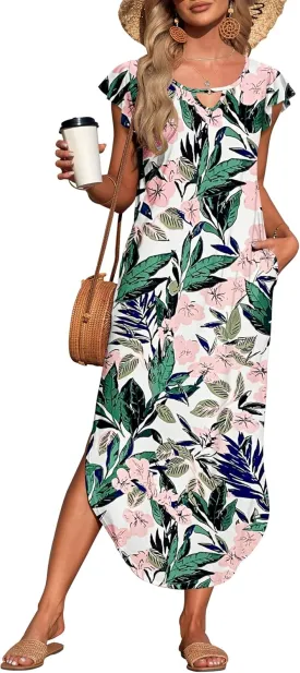 MISFAY Women's Summer Maxi Dress Ruffle Sleeve Long Beach Split Dresses with Pockets