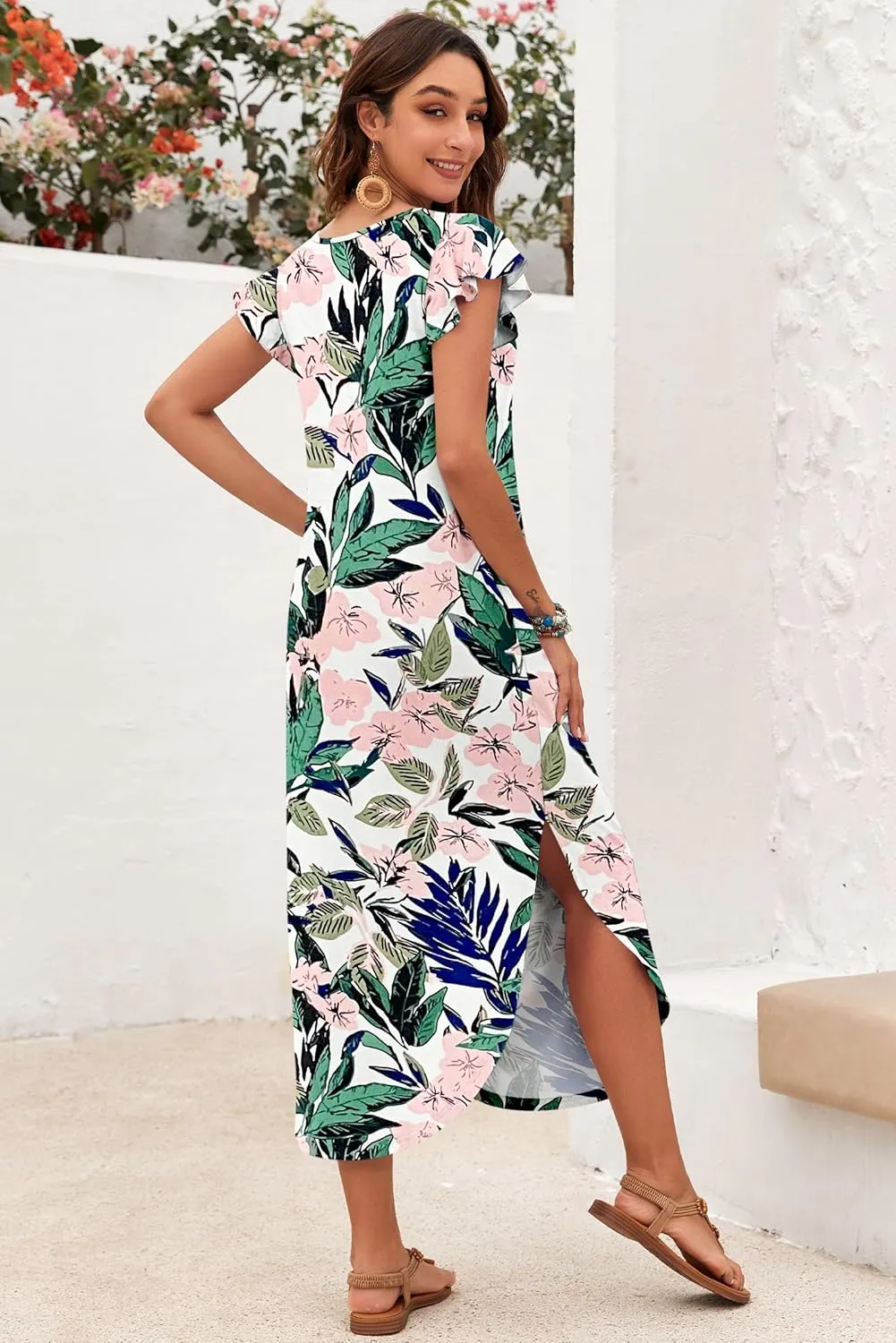 MISFAY Women's Summer Maxi Dress Ruffle Sleeve Long Beach Split Dresses with Pockets
