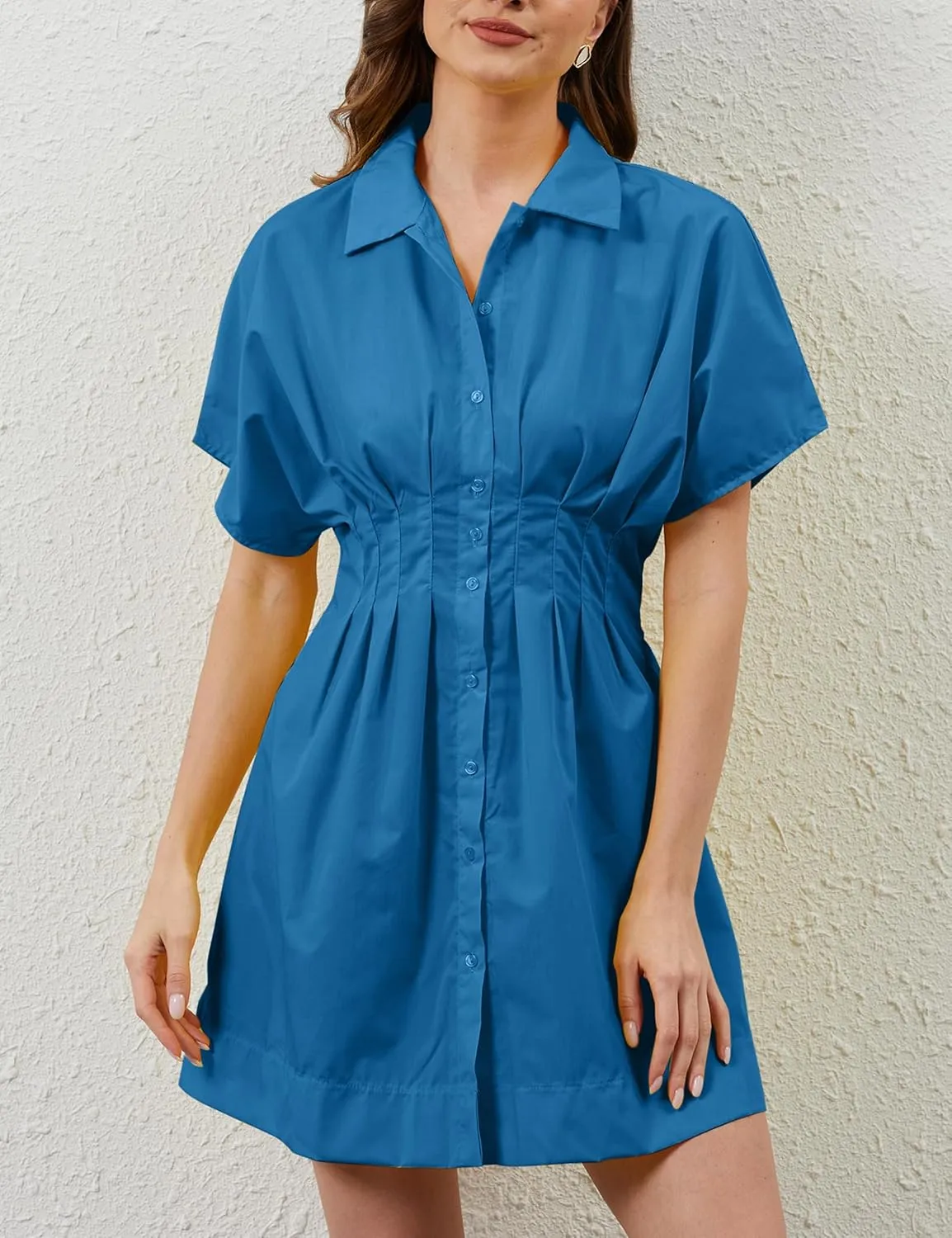 MISSACTIVER Women Pleated Button Down Shirt Dress Short Sleeve Striped Corset Mini Dresses Casual Summer Short Dress