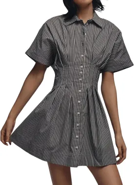 MISSACTIVER Women Pleated Button Down Shirt Dress Short Sleeve Striped Corset Mini Dresses Casual Summer Short Dress