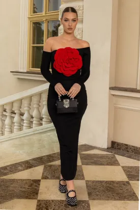 Off Shoulder Midi Dress with Floral Detail - Black