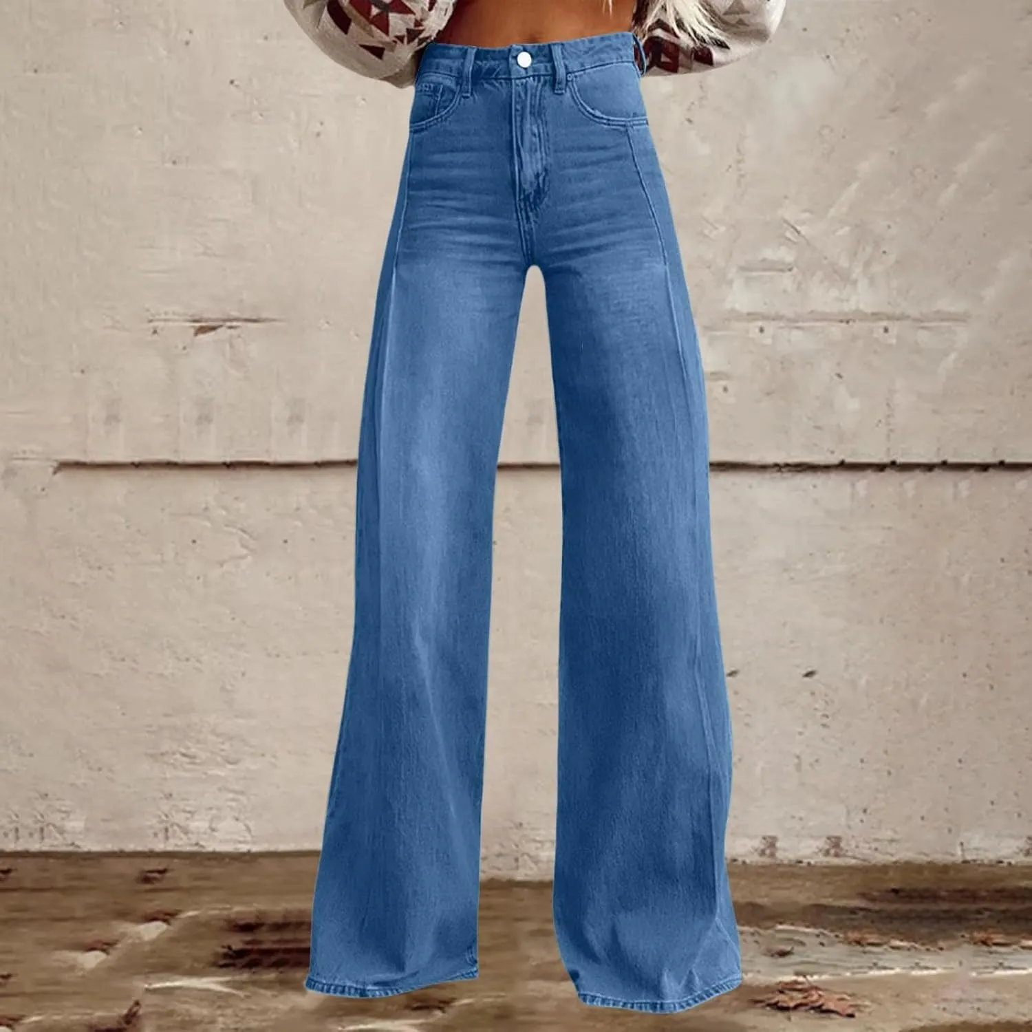 Oplxuo Wide Leg Pants for Women Trendy High Waisted Flare Jeans Stretchy Baggy Denim Pants with 2 Pockets