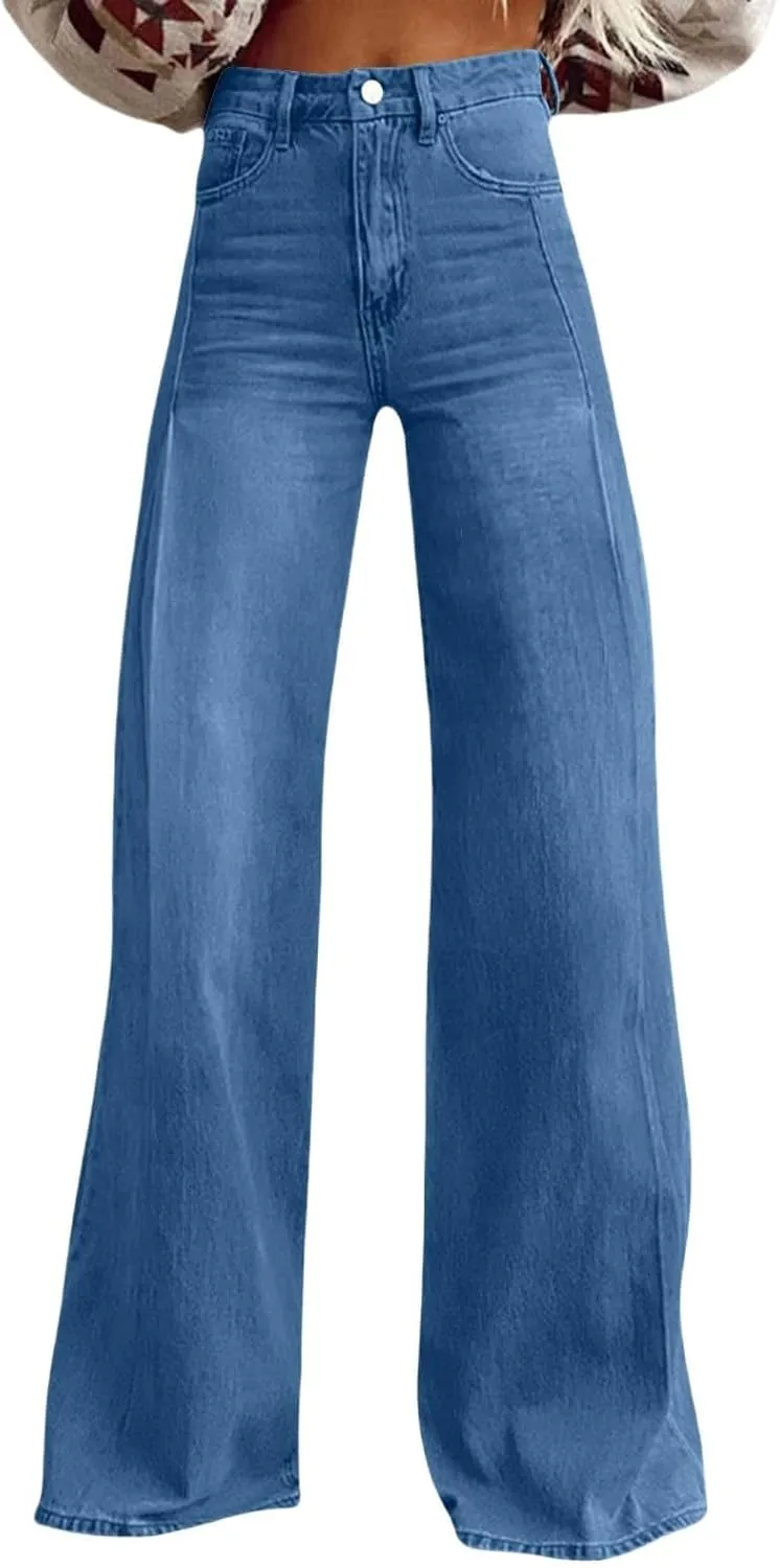 Oplxuo Wide Leg Pants for Women Trendy High Waisted Flare Jeans Stretchy Baggy Denim Pants with 2 Pockets