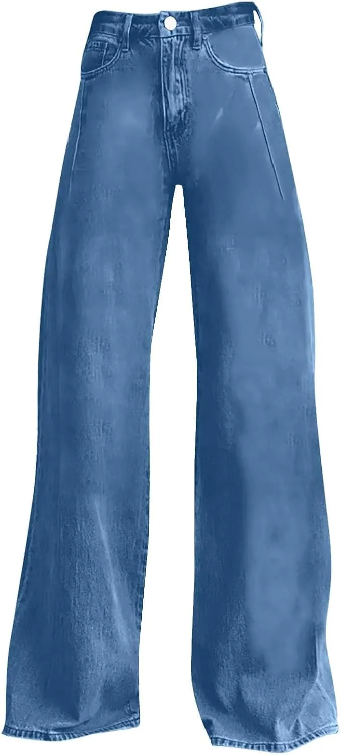 Oplxuo Wide Leg Pants for Women Trendy High Waisted Flare Jeans Stretchy Baggy Denim Pants with 2 Pockets