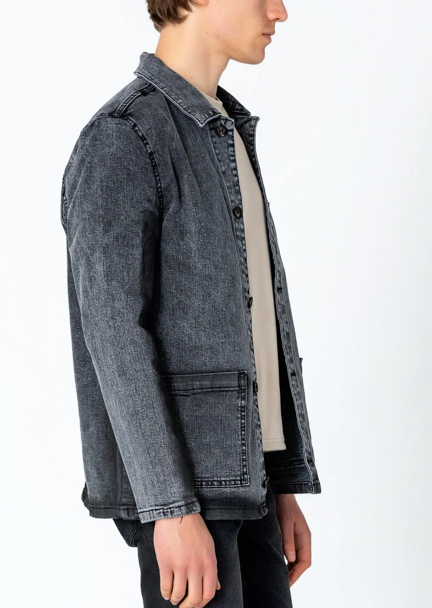 Patch Pocket Fitted Waxed Denim Jacket - Grey