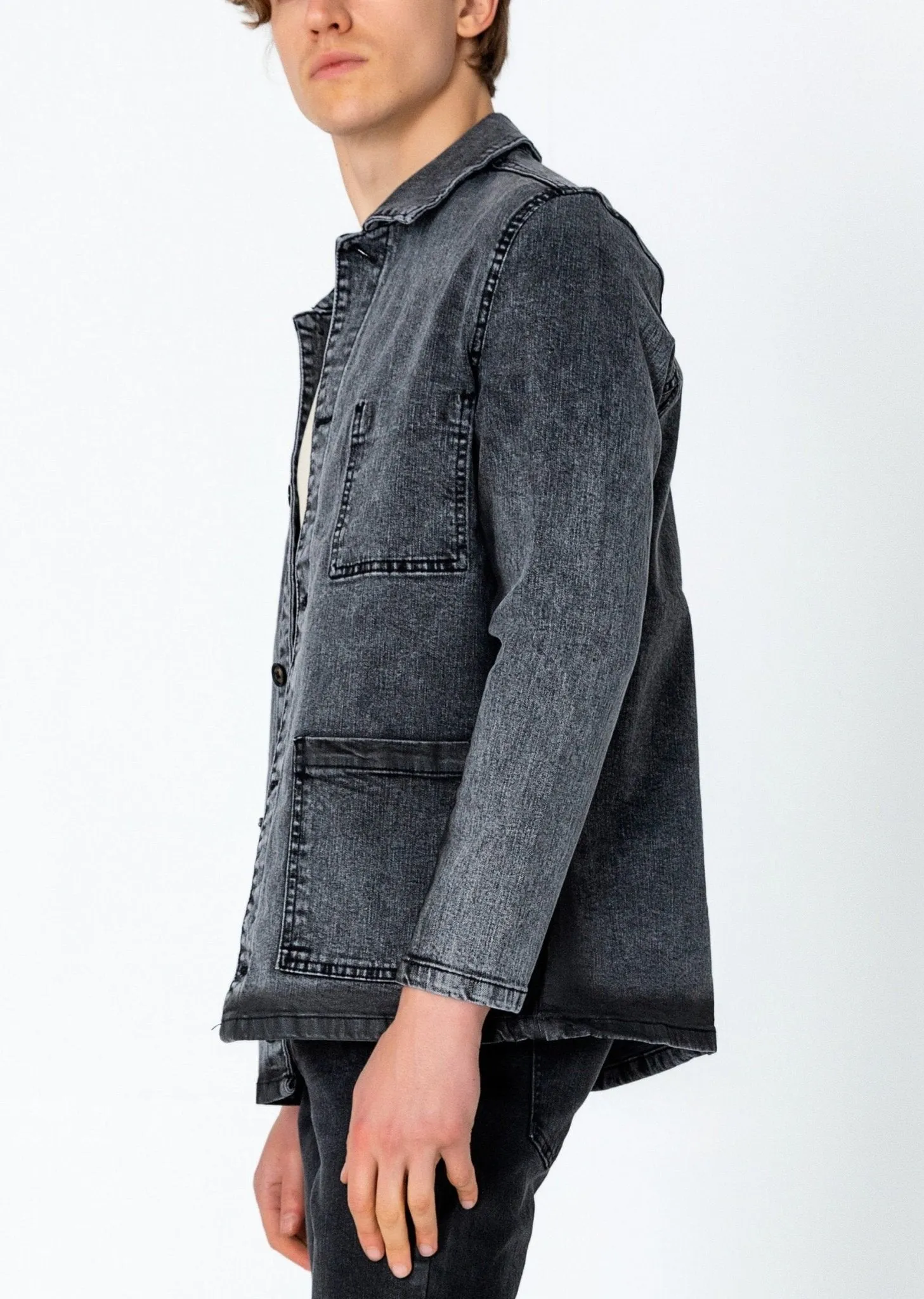 Patch Pocket Fitted Waxed Denim Jacket - Grey