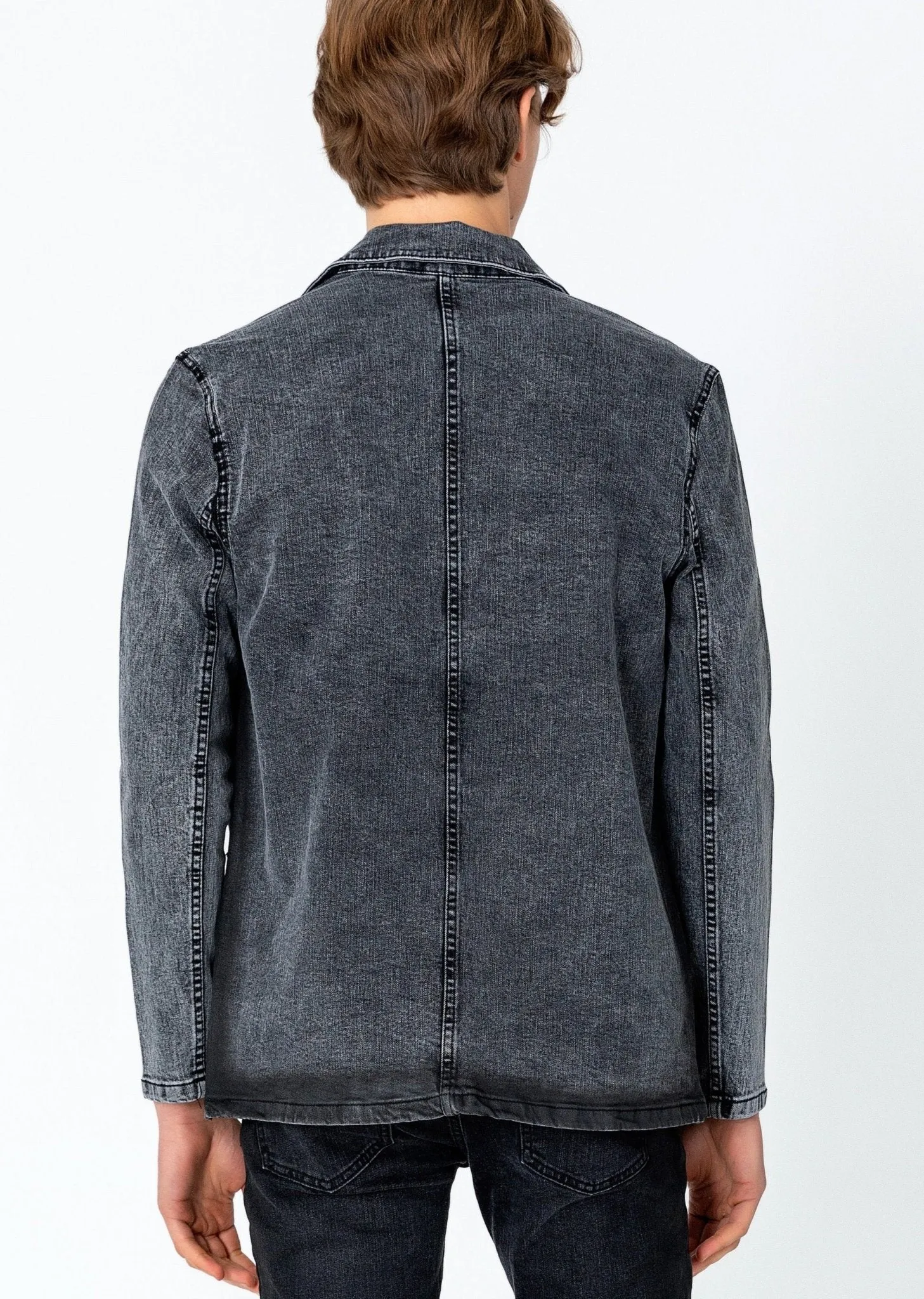 Patch Pocket Fitted Waxed Denim Jacket - Grey