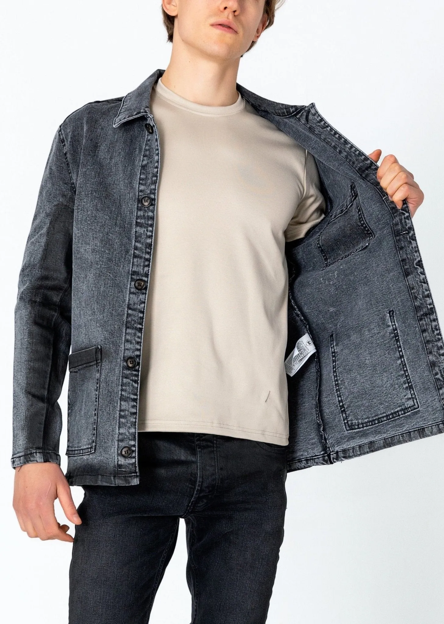 Patch Pocket Fitted Waxed Denim Jacket - Grey