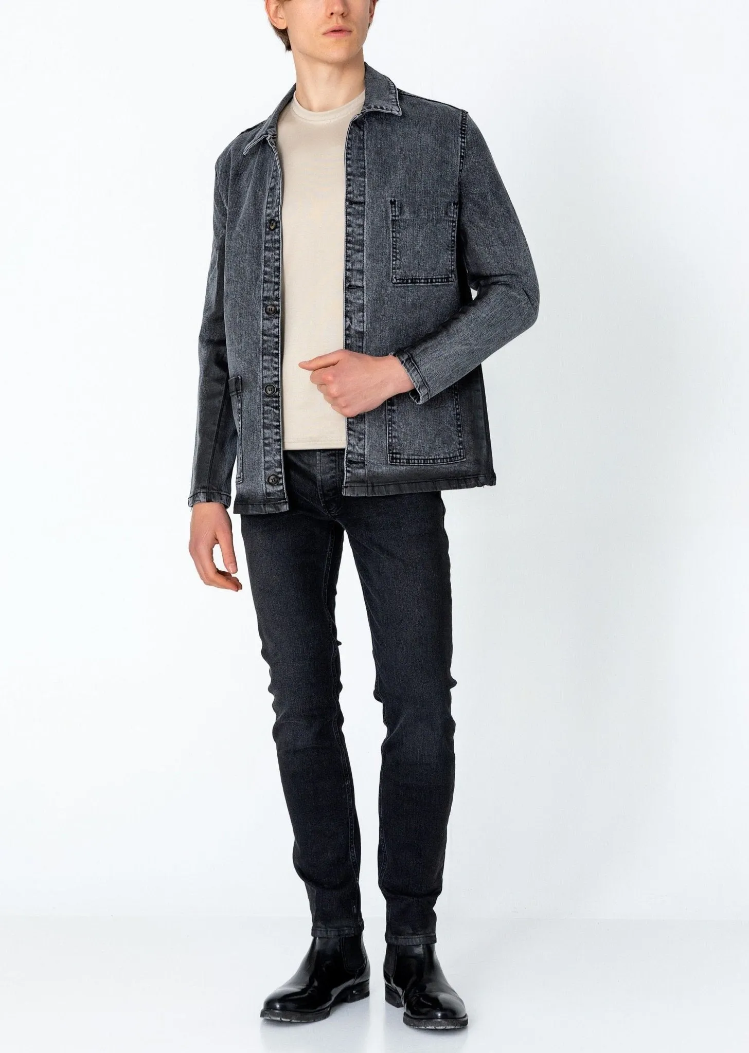 Patch Pocket Fitted Waxed Denim Jacket - Grey