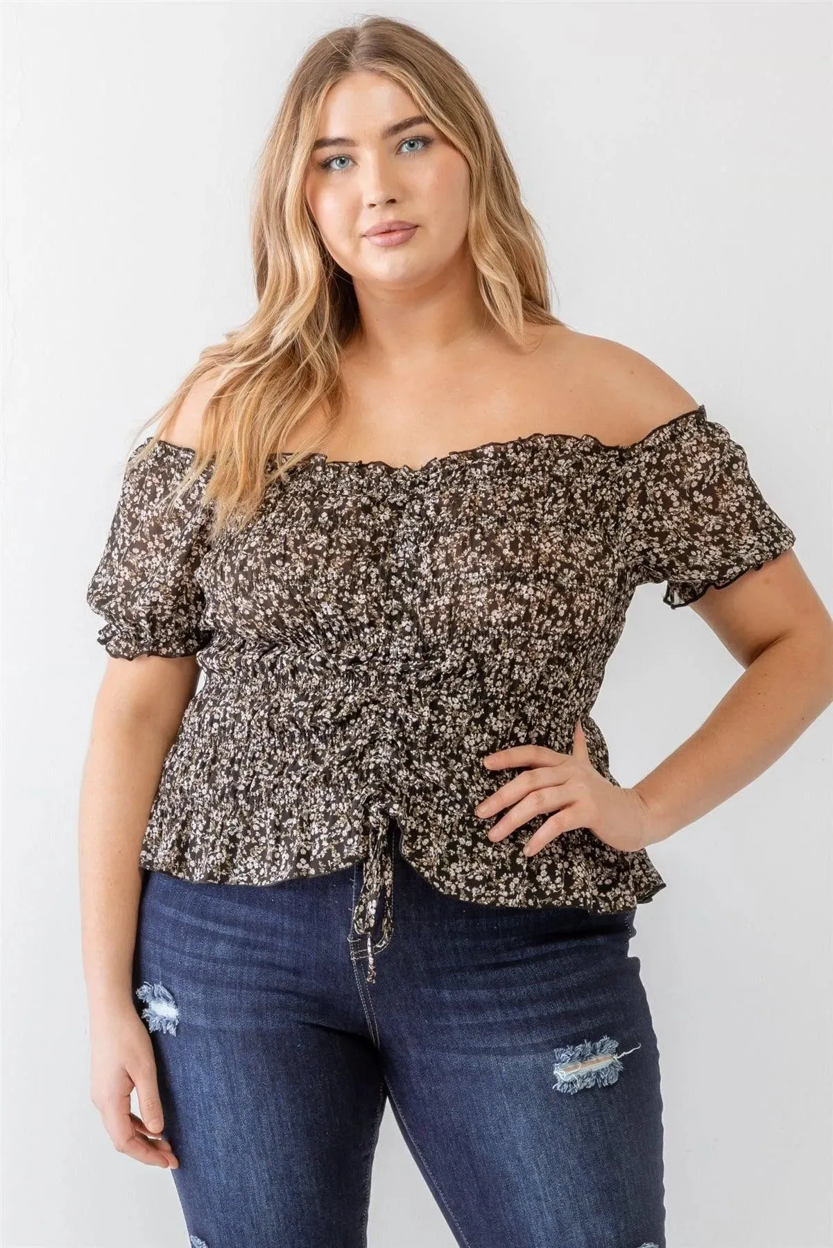Plus Size Black Floral Chiffon Ruched Smocked Off-The-Shoulder Top