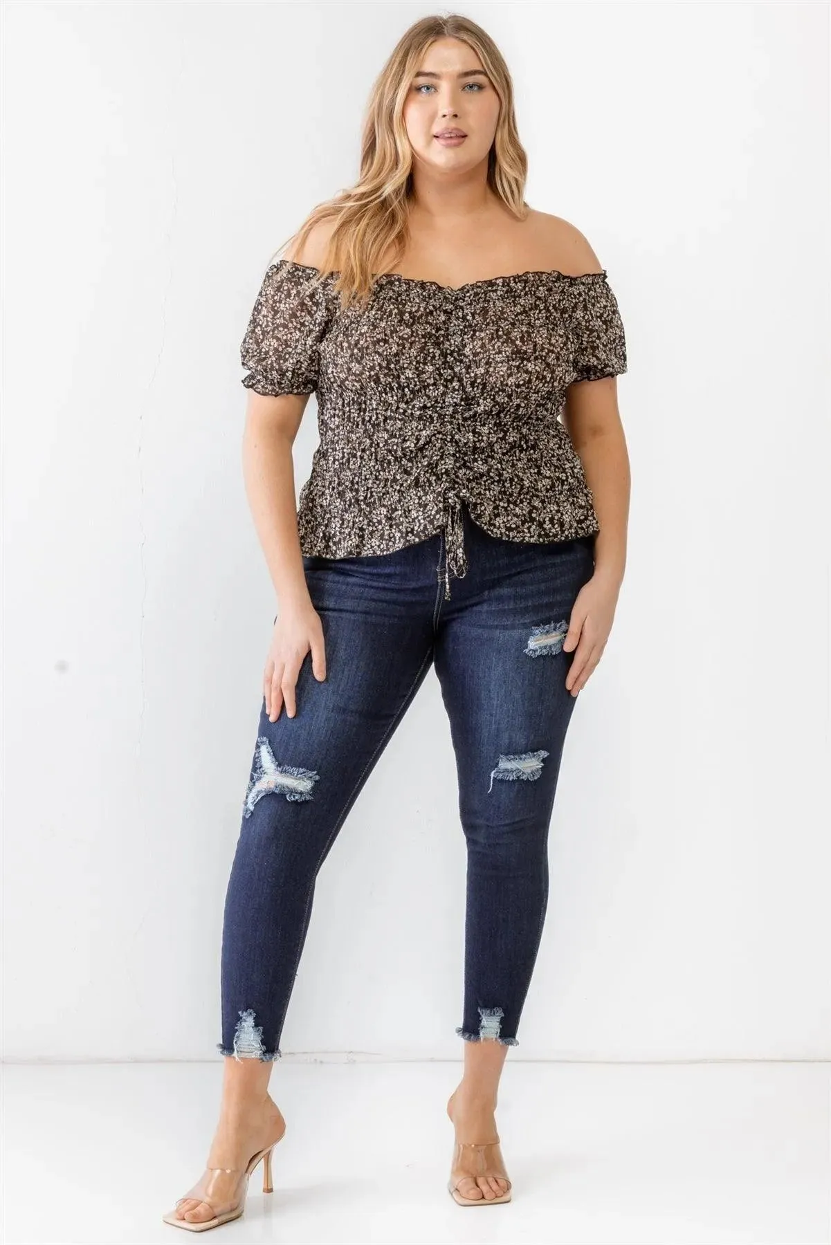 Plus Size Black Floral Chiffon Ruched Smocked Off-The-Shoulder Top