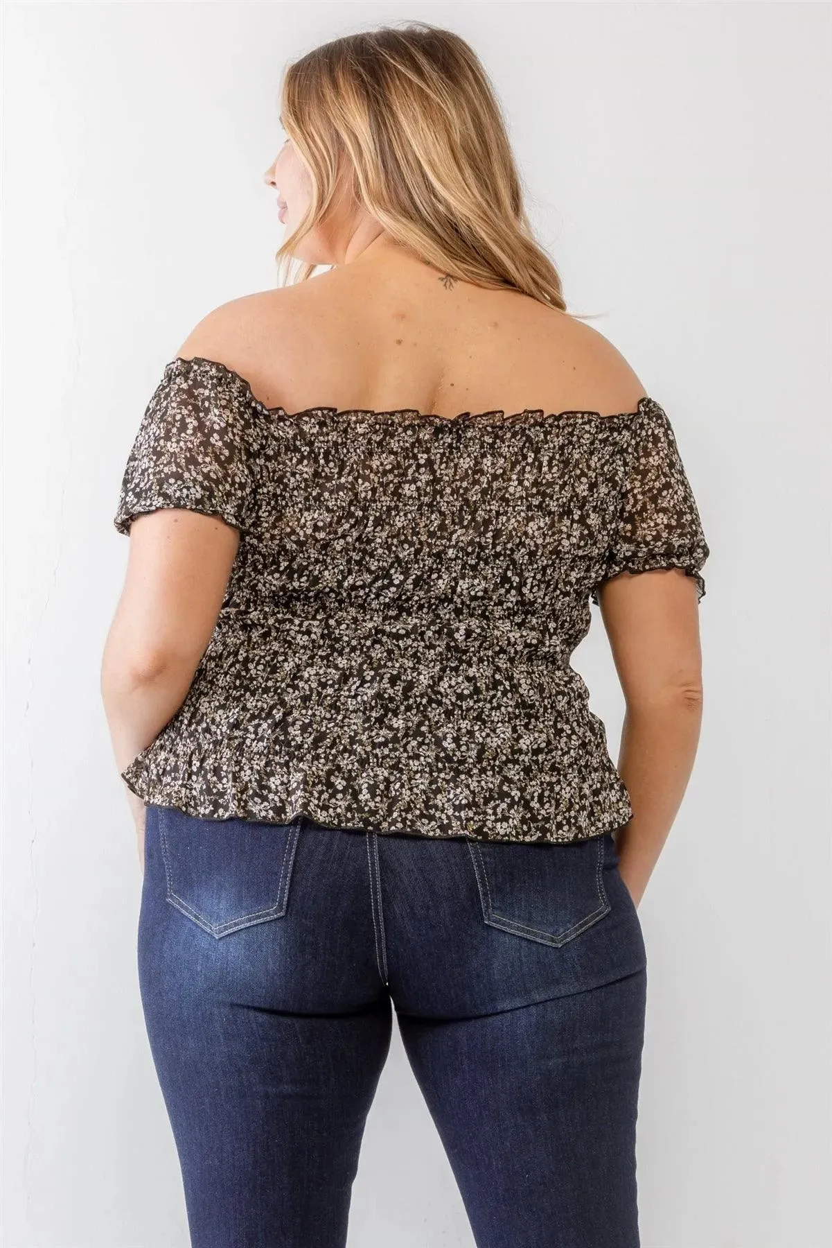 Plus Size Black Floral Chiffon Ruched Smocked Off-The-Shoulder Top