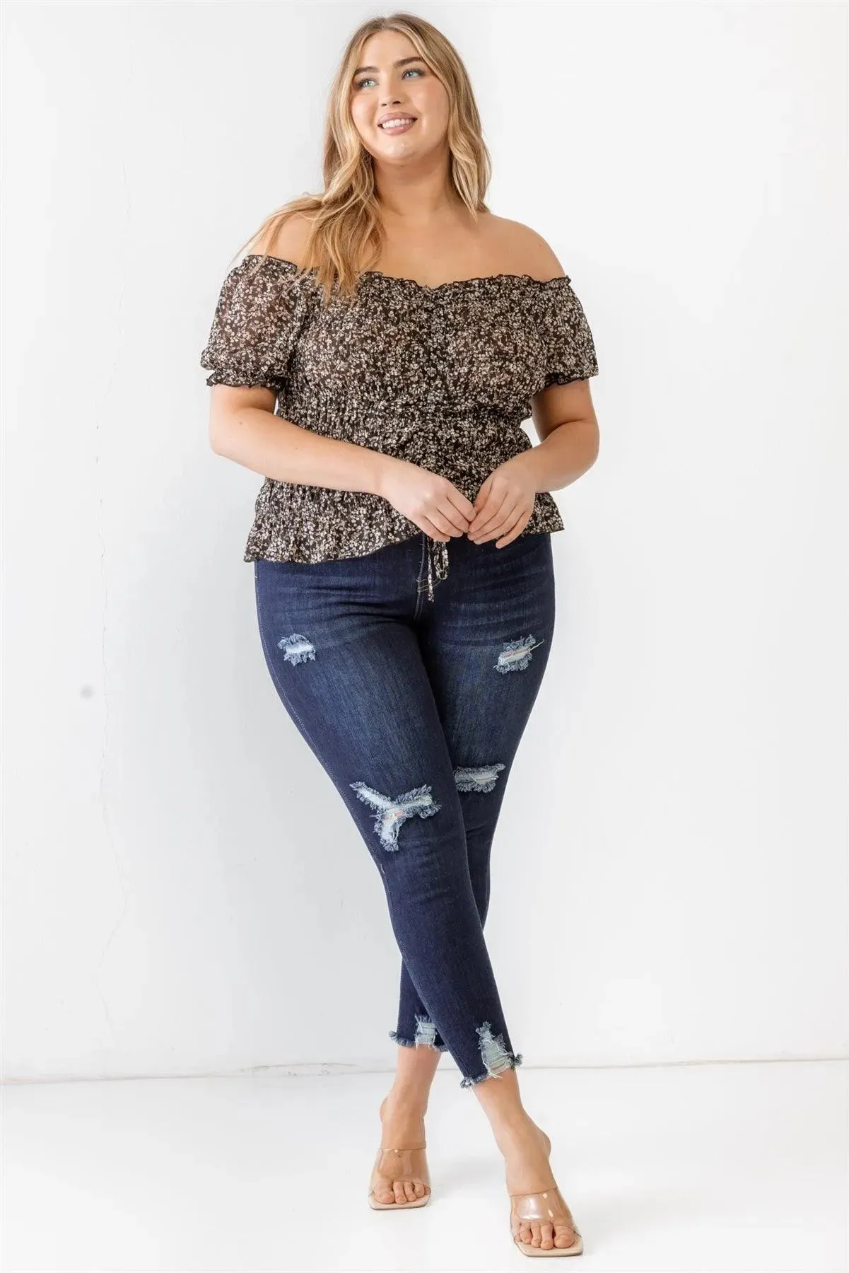 Plus Size Black Floral Chiffon Ruched Smocked Off-The-Shoulder Top